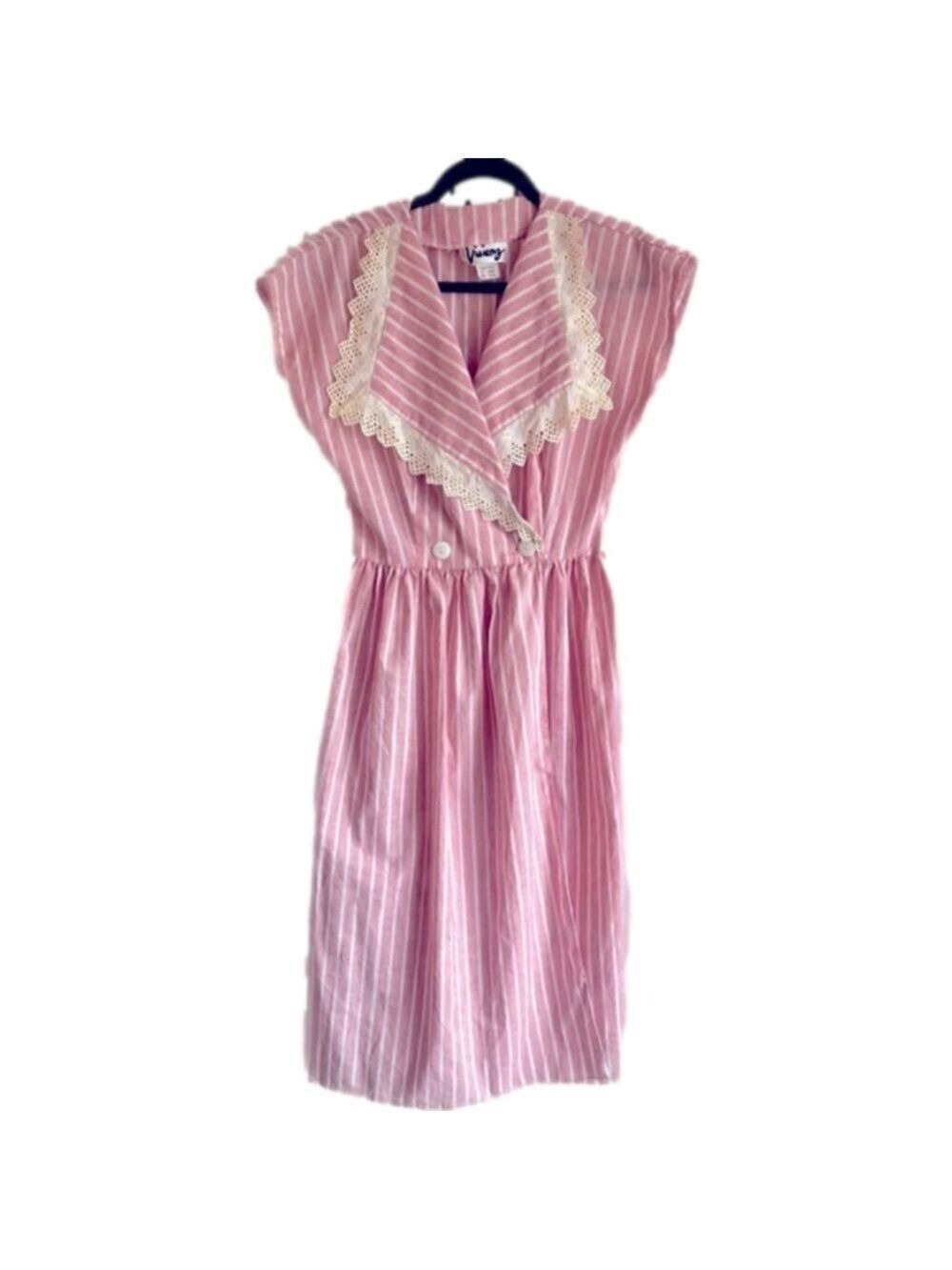 VINTAGE Red & White Stripe Midi Wrap Dress with Lace Collar Summer Dress Made US - Picture 2 of 8